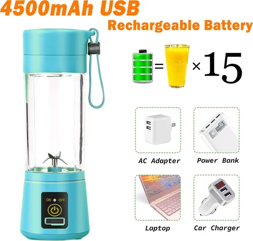 Vista 4 de Hweryho Licuadora portátil, recargable por USB, 6 cuchillas de acero inoxidable, mini licuadora para cocina, viajes y deportes