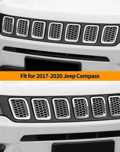Vista 7 de Hoolcar 7 piezas de insertos de parrilla delantera con malla para accesorios exteriores Jeep Compass 2017-2020, cromo