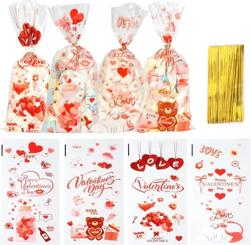 Vista 10 de Bolsas de dulces de San Valentín, 200 piezas de bolsas de celofán de San Valentín, bolsas de plástico transparente rojo para dulces, galletas