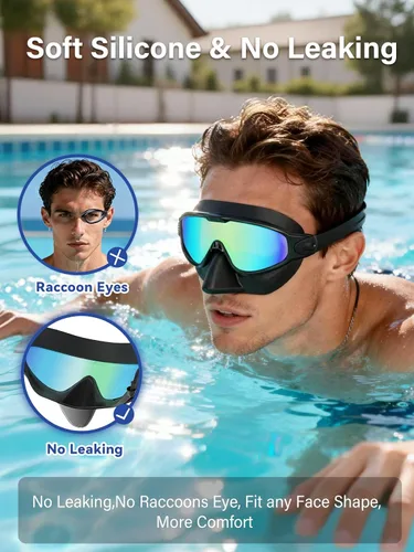 Vista 5 de Gafas de natación para adultos con cubierta de nariz para hombres y mujeres, paquete de 2 gafas de natación de visión amplia, antivaho, UV, sin