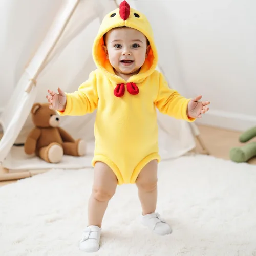 Vista 6 de Disfraz de Halloween para bebé, disfraz de monstruo animal con capucha Mameluco de pollo amarillo