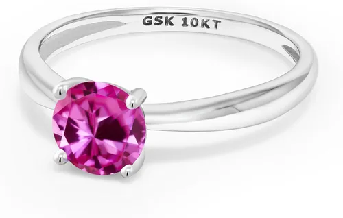 Vista 3 de Gem Stone King Anillo solitario redondo de oro blanco de 10 quilates con zafiro rosa creado de 100 quilates Metal Metal Piedra preciosa Zafiro