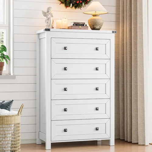 Vista 25 de Xixini - Cómoda para dormitorio con 5 cajones, cómoda alta de madera, organizador moderno de ropa estilo granja, gabinete de almacenamiento con asas