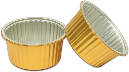 Vista 3 de Paquete de 100 tazas de papel de aluminio para hornear con tapas, tazas de postre de 5 onzas, moldes para magdalenas, moldes desechables para Oro