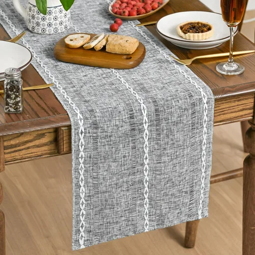 Vista 11 de Artoid Mode - Camino de mesa de lino de algodón rústico beige, decoración de mesa de cocina y comedor con bordado de temporada, para decoración