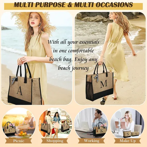 Vista 6 de YOOLIFE Regalos para mujeres, bolsa de yute con inicial y 2 bolsas de maquillaje, regalos personalizados para mujeres, profesores, mamá, amiga