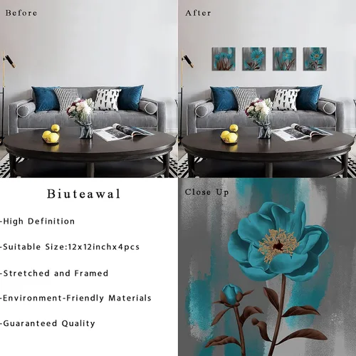 Vista 6 de Biuteawal Pintura artística de pared de flores color verde azulado, azul turquesa, impresión floral sobre lienzo, 4 paneles, naturaleza muerta, obra