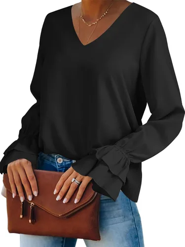 Vista 8 de LYANER - Blusa de manga larga con cuello en V y volantes escalonados para mujer, estilo túnica, estilo casual negro#