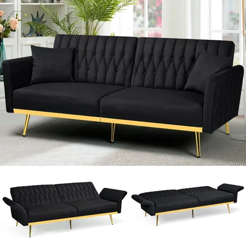 Vista 19 de Sofá cama futón de terciopelo de 70 pulgadas con reposabrazos ajustables, color azul bebé