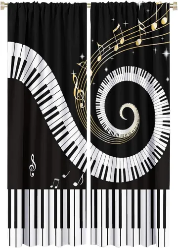 Vista 35 de Cortinas abstractas con notas musicales de piano, temática musical de piano, decoración de dormitorio de niños y niñas, arte rústico retro