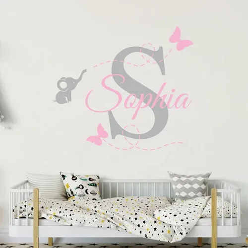 Vista 6 de Adhesivo de pared con nombre personalizado con elefante, calcomanía para el hogar, decoración de vinilo con nombre personalizado para niños, niñas