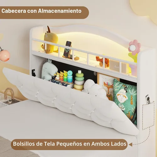 Vista 5 de HAUOMS Cama de princesa individual con luces LED y 4 cajones para niñas