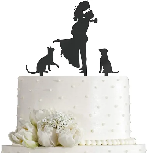 Vista 3 de Decoración para tarta de boda - Novia sosteniendo al novio con flores junto a 2 perros de mascota silueta decoración de tarta (Negro)