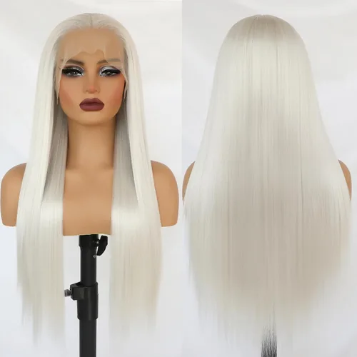 Vista 5 de Pelucas de encaje frontal rubio platino de 13 x 4, cabello largo y lacio, peluca blanca sintética con encaje frontal para mujeres, cabello Kanekalon
