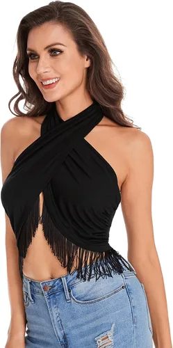 Vista 4 de Verdusa Top corto con nudo anudado cruzado y ribete de flecos para mujer