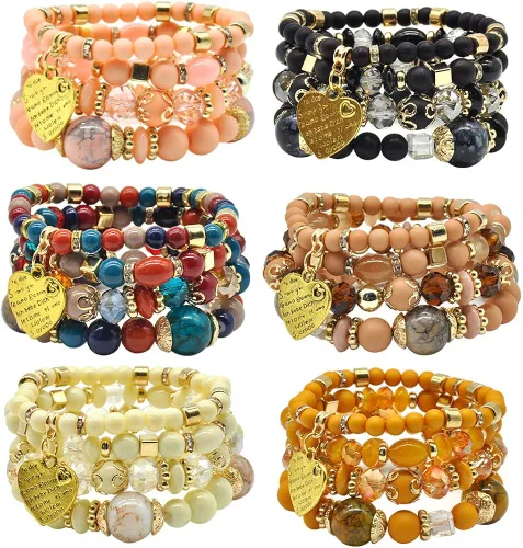 Vista 2 de VONRU - Conjuntos de pulseras bohemias para mujer 6 juegos de pulseras elásticas apilables multicolor estilo hippie joyas finas