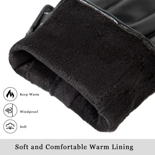 Vista 2 de Long Keeper Guantes de cuero de invierno para hombre, color negro, cálido, ciclismo, conducción, motocicleta, pantalla táctil, guantes de mensajes
