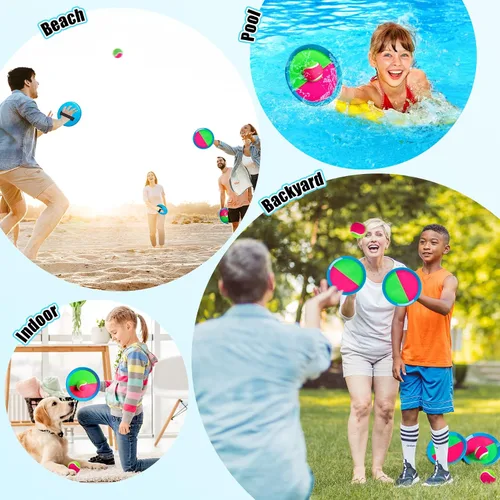 Vista 5 de Juego de pelota para lanzar y atrapar, 4 paletas y 4 bolas al aire libre, juego de captura de remo para niños, patio trasero, playa, piscina, patio