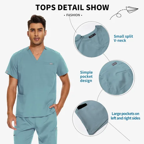 Vista 2 de VIAOLI Conjunto de ropa quirúrgica para hombre con cuello en V y pantalón deportivo de 8 bolsillos para enfermería, conjuntos de uniformes médicos