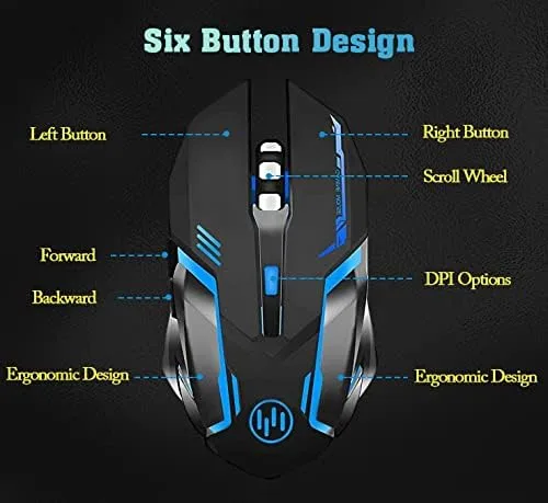 Vista 4 de Scettar Ratón inalámbrico para juegos, mouse recargable para juegos de computadora, clic silencioso, 7 luces LED, 3 DPI ajustables, placa de hierro