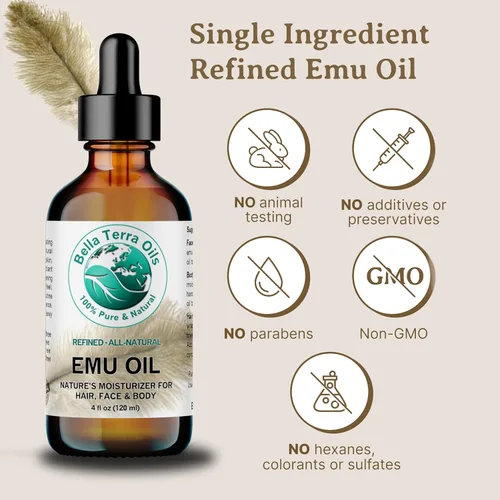 Vista 4 de Bella Terra Oils - Aceite de emú 4 oz - Emu australiano puro genuino, infundido con ácido linoleico y oleico, compañero perfecto para una piel