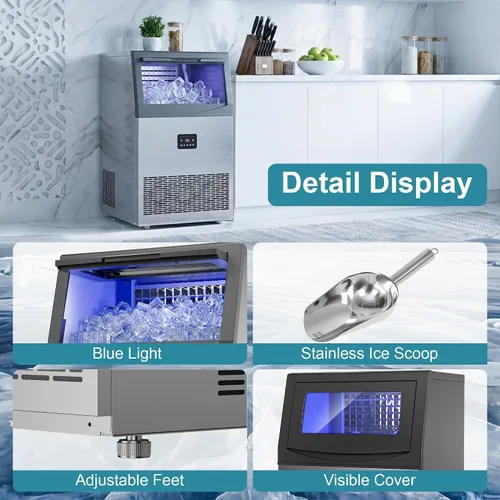 Vista 8 de Máquina comercial para hacer hielo, 80 libras/24 horas, máquina de hielo transparente con almacenamiento de 33 libras, debajo del mostrador