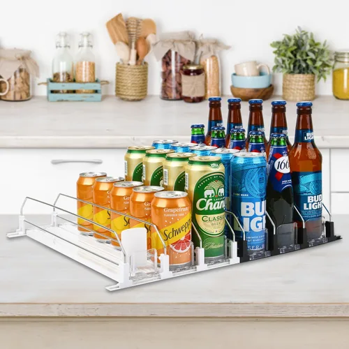 Vista 6 de Dispensador de latas de soda para refrigerador, estante de autoempuje de 3 filas, se adapta a hasta 15 latas, estante de almacenamiento de bebidas