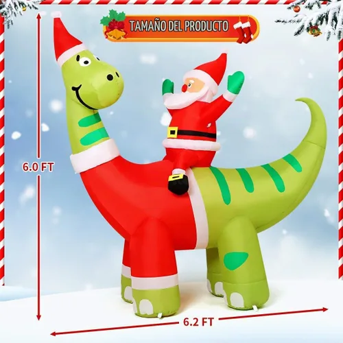 Vista 5 de COMIN Decoraciones Inflables de Navidad de 6 pies para Exteriores, Papá Noel Inflable Montando un Dinosaurio Inflable con LEDs Integrados