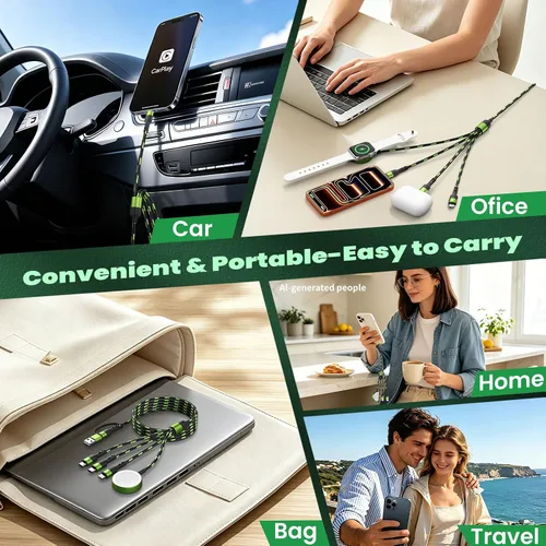 Vista 6 de Cable de carga múltiple 4 en 2 con cargador iWatch, 1 paquete de 5 Negro _ verde