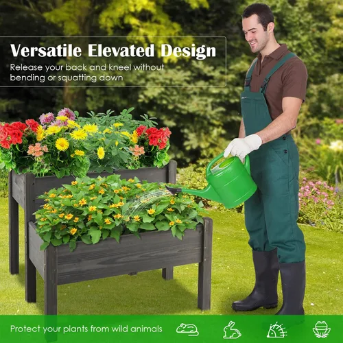 Vista 5 de RELAX4LIFE Cama de jardín elevada de 2 niveles, maceta elevada de madera de abeto con patas, 8 agujeros de drenaje, capacidad de 220 para cultivar