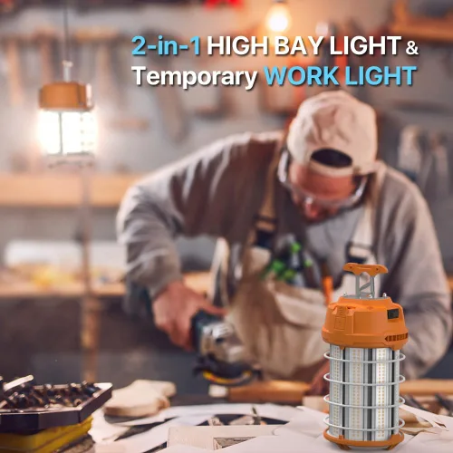 Vista 7 de HYPERLITE Luz de trabajo temporal LED 60W 7500LM 200W HID/HPS 5000K, luz de construcción colgante portátil con protector de seguridad de acero