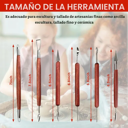 Vista 3 de Herramientas para esculpir arcilla, 6 herramientas de arcilla polimérica de acero inoxidable de doble extremo, herramientas de cerámica con mango