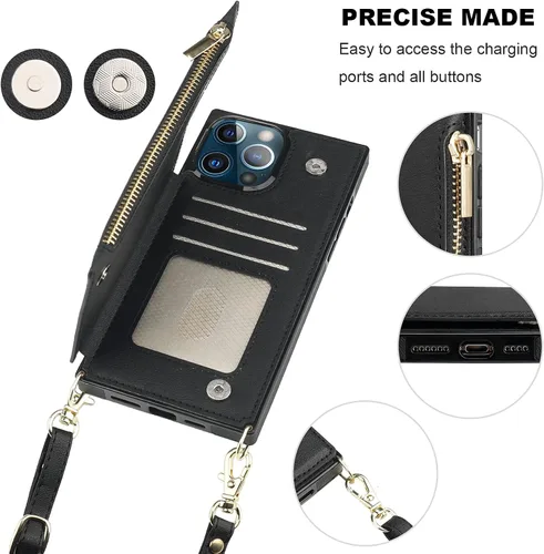 Vista 6 de Bocasal Funda tipo cartera cruzada para iPhone 13 Pro Max con soporte de ranura para tarjetas de bloqueo RFID, funda magnética con tapa, bolso