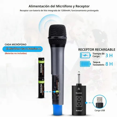 Vista 5 de Micrófono inalámbrico, micrófono de karaoke de mano dinámico de metal UHF, receptor recargable (funciona 6 horas), rango de 160 pies, para karaoke