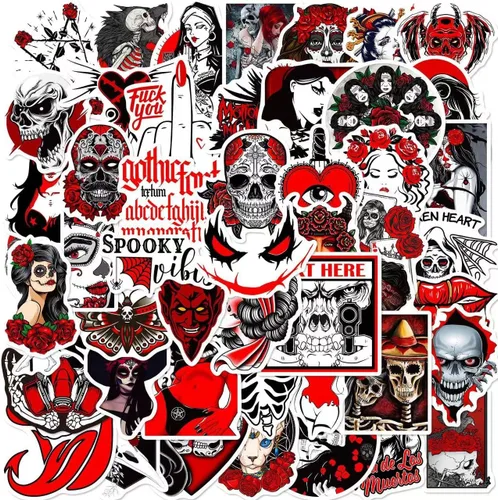 Vista 2 de 200 piezas de calcomanías de decoración de terror gótico a granel. Accesorios góticos. Paquete de calcomanías de calavera de terror genial