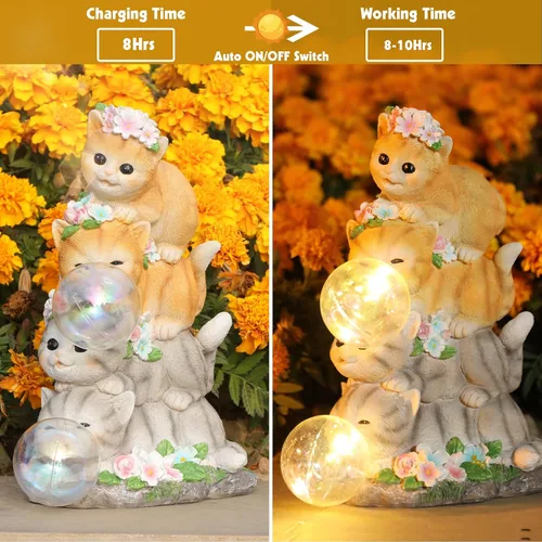 Vista 4 de Estatua de gato solar para jardín - Estatua de gato de resina decorativa para exteriores con luces LED para arte de jardín al aire libre, adornos