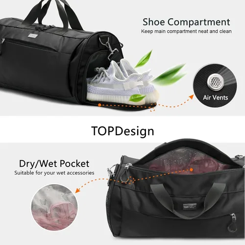Vista 6 de TOPDesign Bolsa de gimnasio para mujeres y hombres, bolsa de lona unisex con compartimento para zapatos y bolsillo húmedo para viajes, deportes