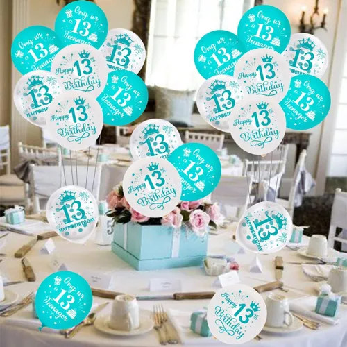 Vista 4 de Globos de cumpleaños número 13, paquete de 45 decoraciones OMG azul turquesa para adolescentes – Juego de globos de látex turquesa de 13 años