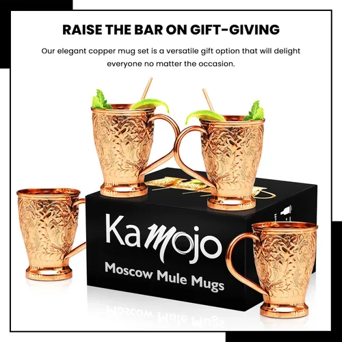 Vista 8 de Kamojo Moscow Mule Cups - Juego de 4 tazas de cobre Moscow Mule de primera calidad con diseño único en relieve y antideslustre, revestimiento