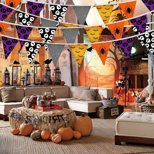 Vista 4 de Lucleag Pancartas de Halloween de 32.8 pies, bandera triangular, banderines de tela de Halloween para decoración de fiesta de Halloween