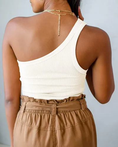 Vista 4 de Camisetas básicas de verano para mujer, con un hombro, sin mangas, acanaladas, casuales, delgadas
