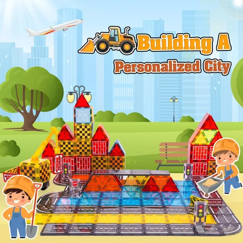 Vista 7 de Laminados magnéticos juguetes de construcción para niños - Set de carretera con grúa magnética para niños de 3-5 4-8 8-10 años, Set de expansión