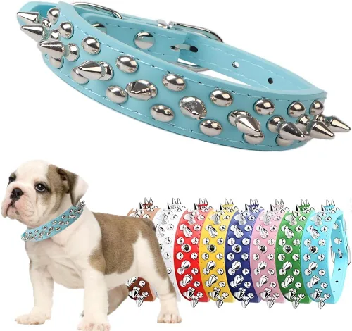 Vista 6 de Collar de perro con púas para perros pequeños, a prueba de masticación, collar de púas para perros y gatos, de piel sintética, con remaches