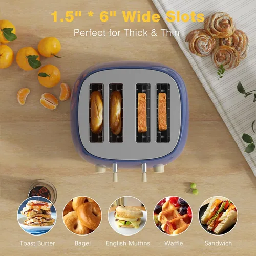 Vista 3 de Tostadora de 4 rebanadas, tostadora retro de acero inoxidable con ranuras extra anchas, funciones de cancelar, bagel y descongelar, panel de control