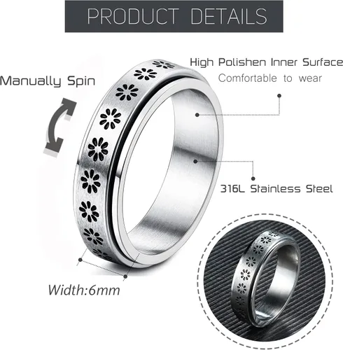 Vista 3 de FIBO STEEL Anillo giratorio de acero inoxidable para mujeres y hombres, anillos de banda para la ansiedad, luna y estrella, flores, juego de anillos