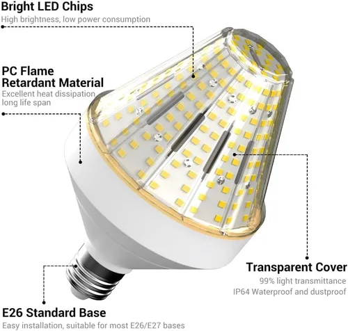 Vista 5 de GT-Lite Bombilla LED de mazorca de maíz de 5200 lúmenes, 40 vatios, equivalente a 300 vatios, color de luz diurna de 5000 K, base E26, bombilla