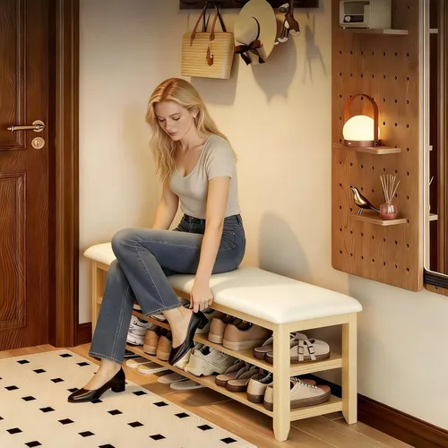 Vista 3 de Banco de almacenamiento de zapatos de madera con cojín de cuero