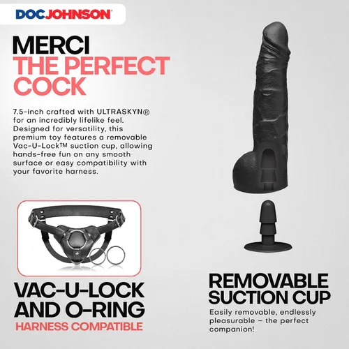 Vista 3 de Doc Johnson Merci - El consolador perfecto de 7.5 pulgadas con ventosa extraíble Vac-U-Lock - ULTRASKYN - solo para adultos, color negro
