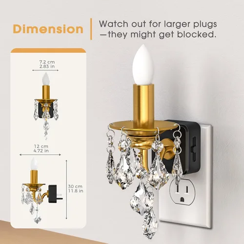 Vista 5 de Briignite Candelabro de luz nocturna enchufable a la pared, luz nocturna LED cálida con sensor de anochecer a amanecer, 0-100LM regulable, luz