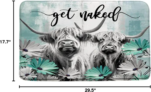 Vista 3 de Alfombra de baño Farmhouse Highland Cow Get Naked con retrato de animales de granja de vaca de las tierras altas, cuerno largo, toro, flor rústica